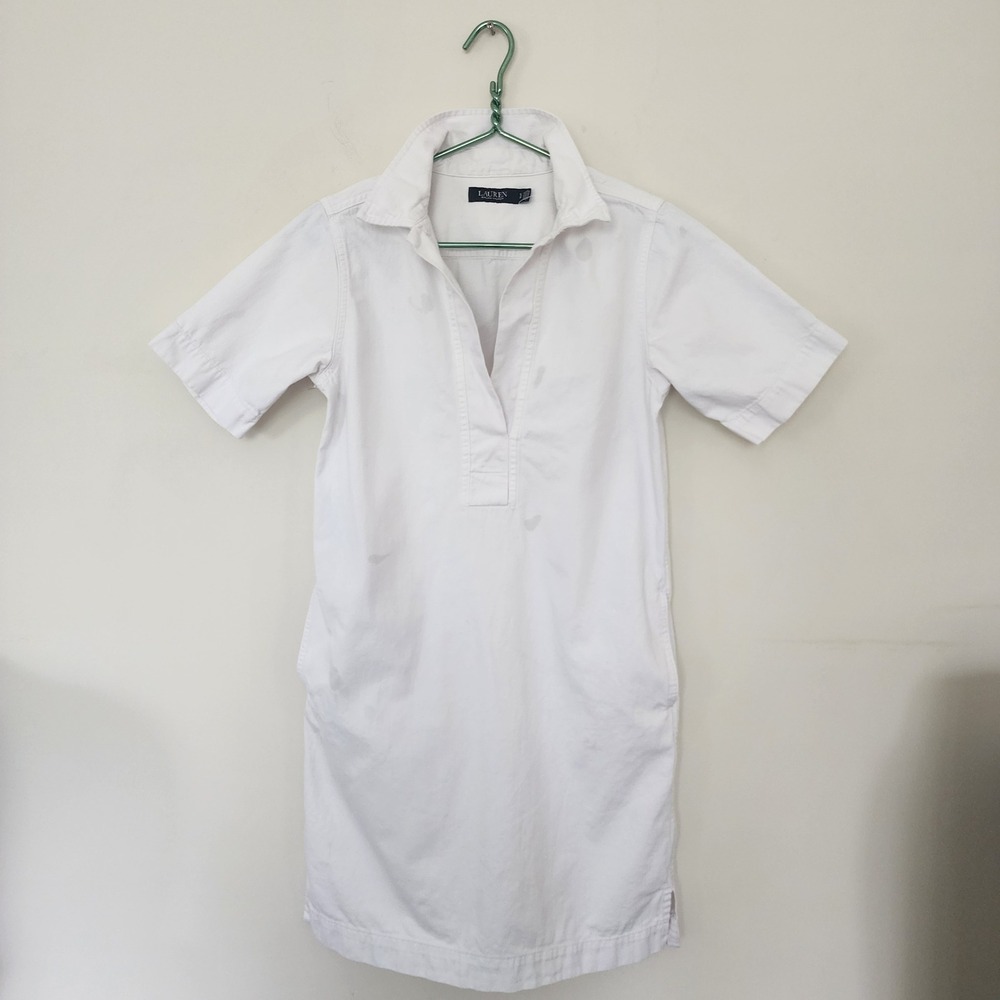 ⭐️ Lauren Ralph Lauren Womens White Cotton Denim Short Sleeve Shirt Dress Sz SP